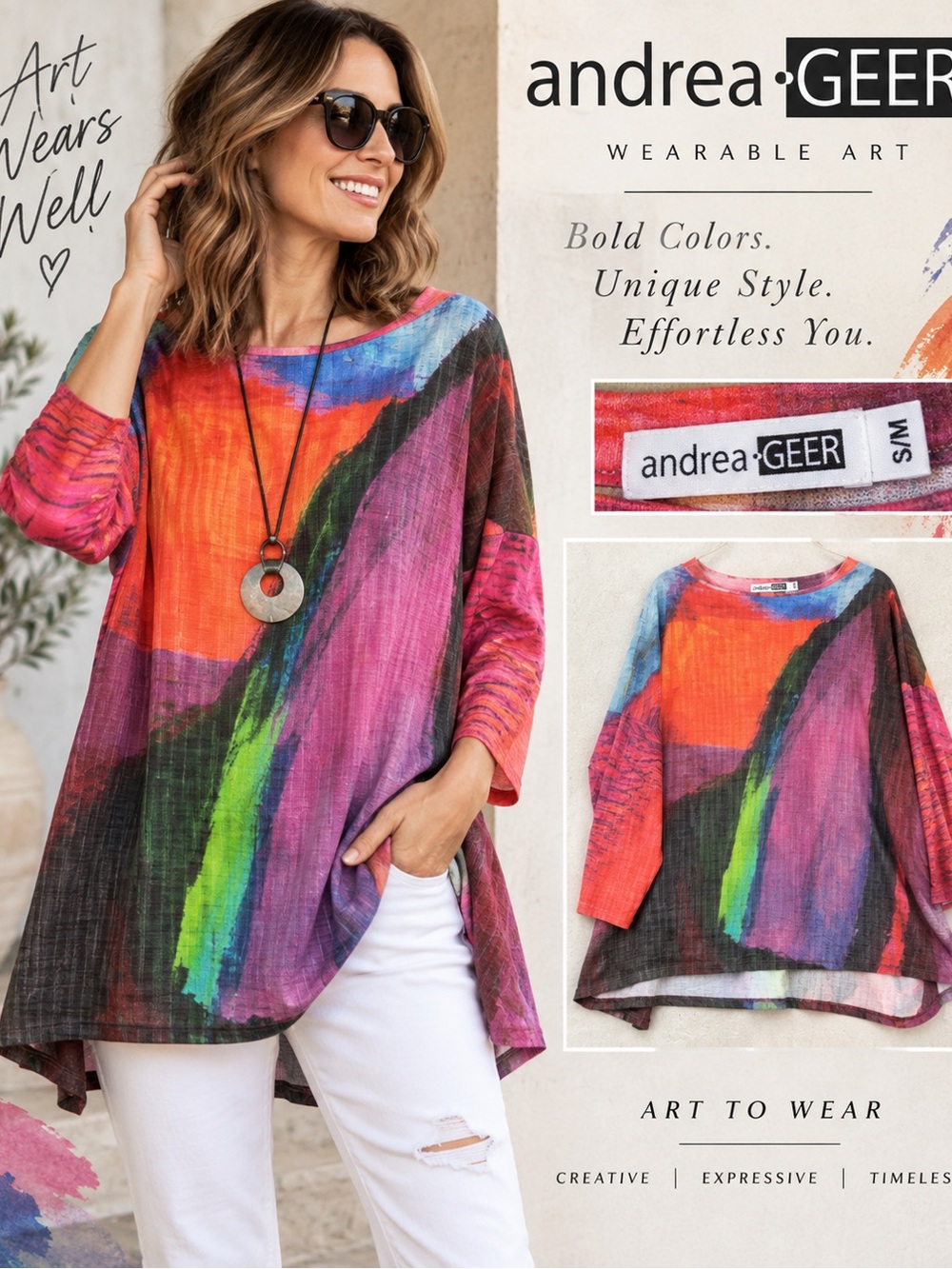 Andrea Geer Wearable Art Abstract Gauze Tunic Top S/M Colorful Artsy Lagenlook